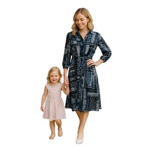 NY Collection Belted Shirt Dress | Size L | Blue & Black Patchwork Print